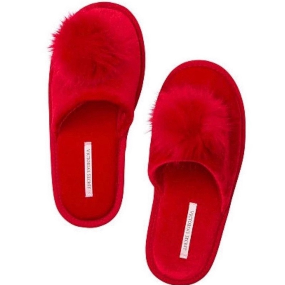 Victoria’s Secret red velvet slippers with Pom Poms / size medium